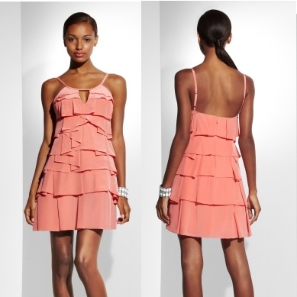 BCBG MAXAZRIA Coral Pink Silk Layered Dress 0